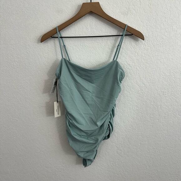 NEW NWT Aritzia Contour Square Neck Ruched Thong Bodysuit Aquamarine Green L - Picture 7 of 15